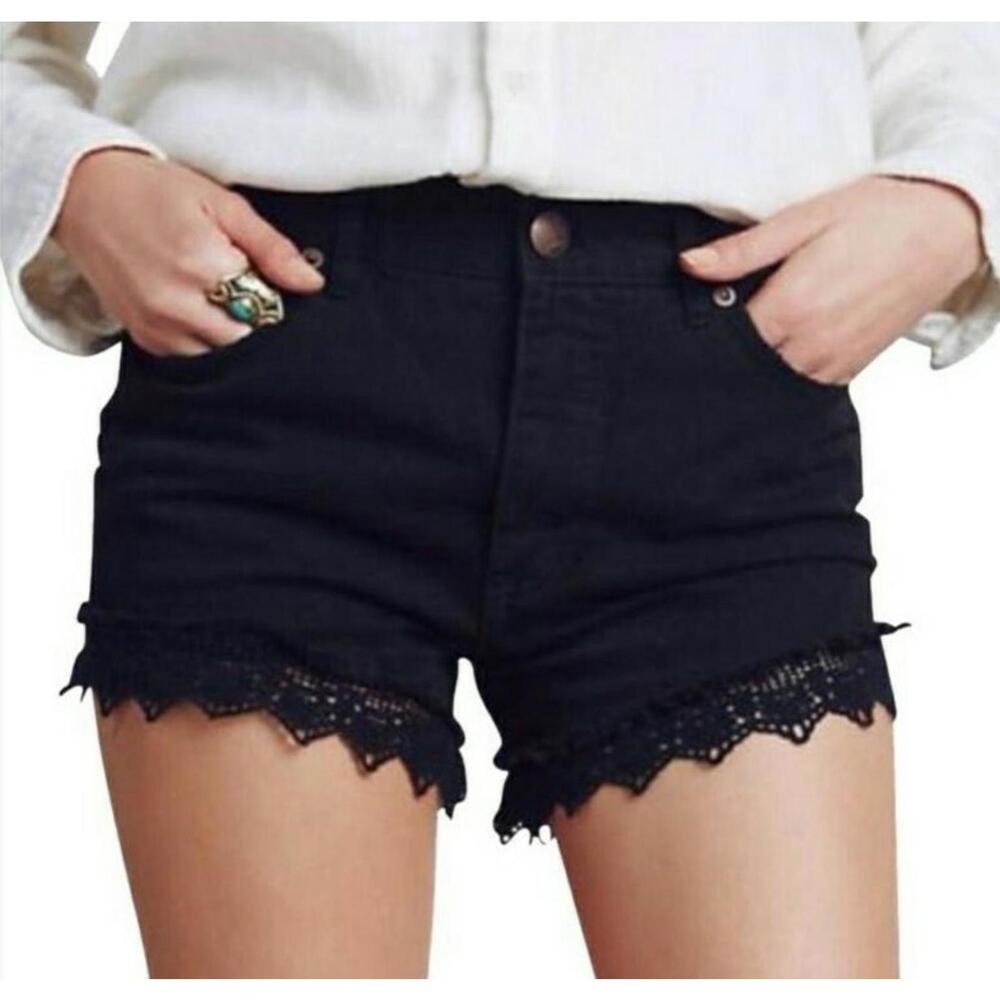 Free People,  Ladies Shorts Black Denim Lace Fringed hem Size 24